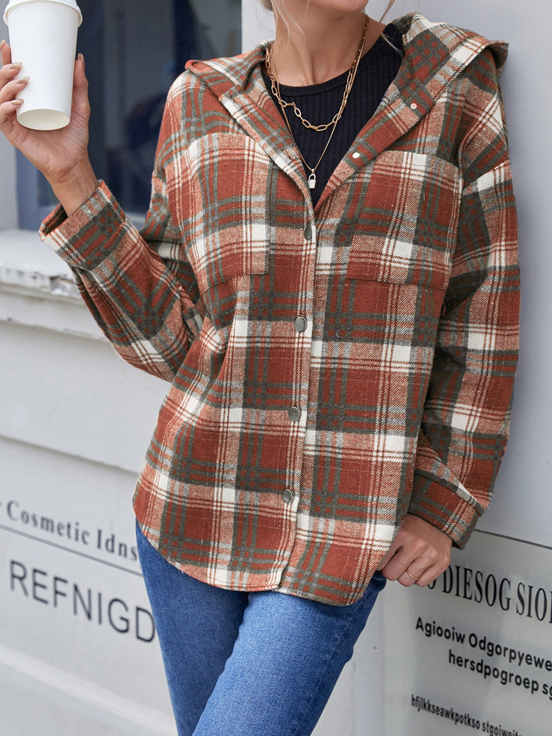Plaid Button Up Hooded Jacket - 2 colors